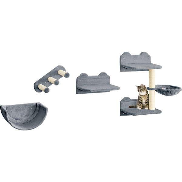 PawHut Cat Shelves Fit Cat Up to 5kg, 4-Piece Set with Scratching Post, Hammock, Nest, Safe for Cats to Play, Grey & Cream Aosom UK