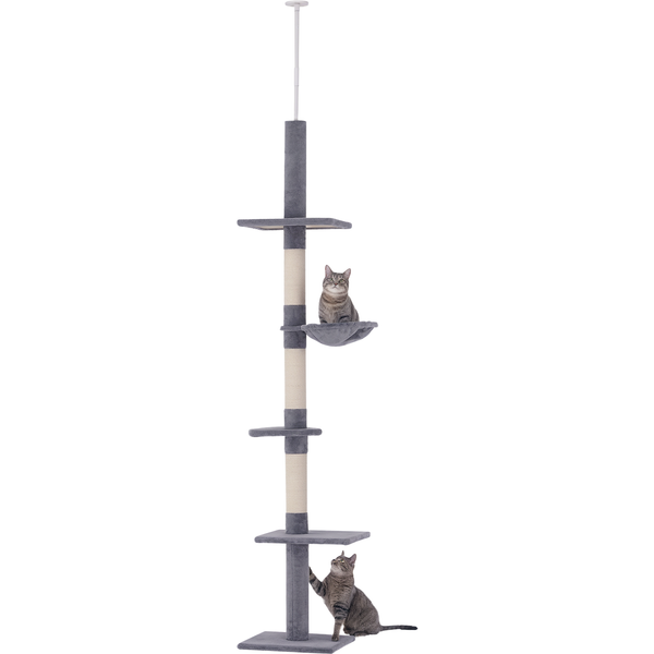 PawHut Kratzbaum Deckenhoch Grau 40x34x230-260cm, höhenverstellbarer Katzenbaum mit Sisalsäulen für Klettern & Kratzen Aosom.de