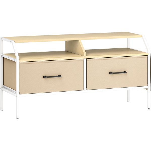 HOMCOM TV Stand Cabinet, TV Unit for 55-inch TVs with 2 Foldable Fabric Drawers, 5 Divided Side Pockets, Open Shelves, Console Table for Living Room, Bedroom, Entertainment Room, Natural Wood Finish | Aosom Ireland