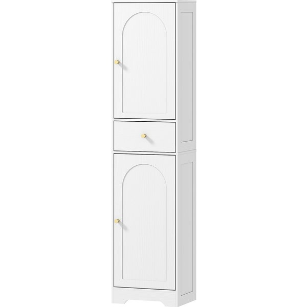 HOMCOM Hoher Badezimmerschrank mit 2 gewölbten Türen, Schublade und verstellbaren Regalen, moderner Stil für Wohnzimmer, Badezimmer, Küche, 40x29,5x170 cm Weiß gebeizt Aosom