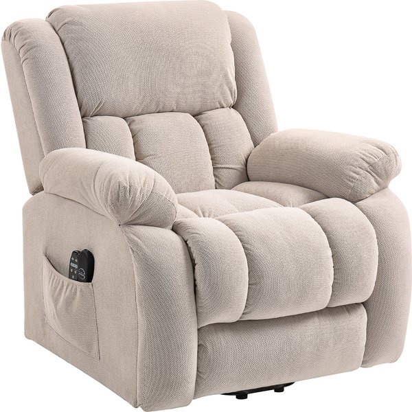 HOMCOM Elektrischer Aufstehsessel, 150° neigbarer Relaxsessel aus Stoff für Senioren mit 8 Massagepunkten, beheizt, USB-Port, 2 Fernbedienungen, Fußstütze, Seitentaschen, Beige Aosom