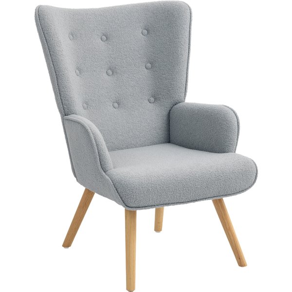 Homcom Fauteuil De Salon En Tissu Bouclette, Fauteuil Capitonné Et Rembourré Avec Pieds En Bois, 71 X 74 X 96 Cm, Gris Clair-image