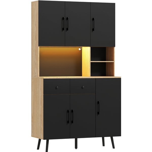 Homcom Buffet Cuisine Meuble Cuisine Rangement Haut Avec LumièRe LED RGB Plan De Travail 6 Portes 2 Tiroirs 100X40X176Cm Noir-image