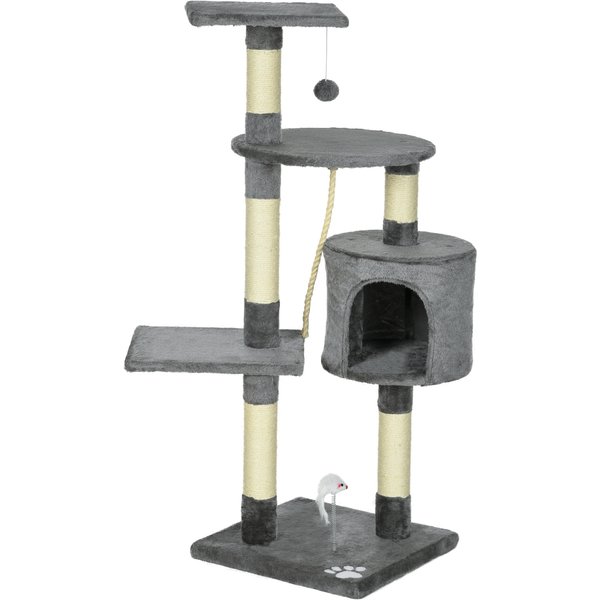 PawHut Kratzbaum für Katzen Höhe 116 cm Katzenturm mit Sisal Kratzpfosten Höhle Plattformen und Lustigen Hängespielzeugen Dunkelgrau Aosom