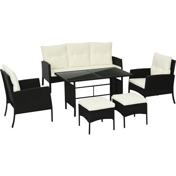 Outsunny 5 Seater Rattan Garden Furniture Set Wicker Sofa Armchairs Footstools and Glass Table Patio Rattan Sofa Sets with Cushions, Black Aosom UK