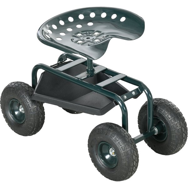 Outsunny SièGe De Jardin Chaise Roulante Pivotant à 360° Et RéGlable En Hauteur Avec Plateau à Outils Charge Max. 150 Kg Vert-image