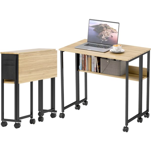 HOMCOM Klappbarer Schreibtisch auf Rollen, Computertisch 80 x 50 cm mit Regal und Aufbewahrungstasche, Schreibtisch für Home Office, Schlafzimmer, kleine Räume, Eiche Aosom