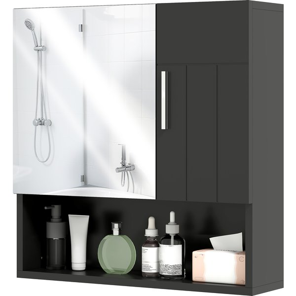 Kleankin Badezimmerspiegelschrank mit verstellbaren Regalen, Badezimmerspiegelschrank mit 2 Türen und offenem Regalfach aus Holz und Glas, 54x15,2x55,3 cm, Schwarz Aosom