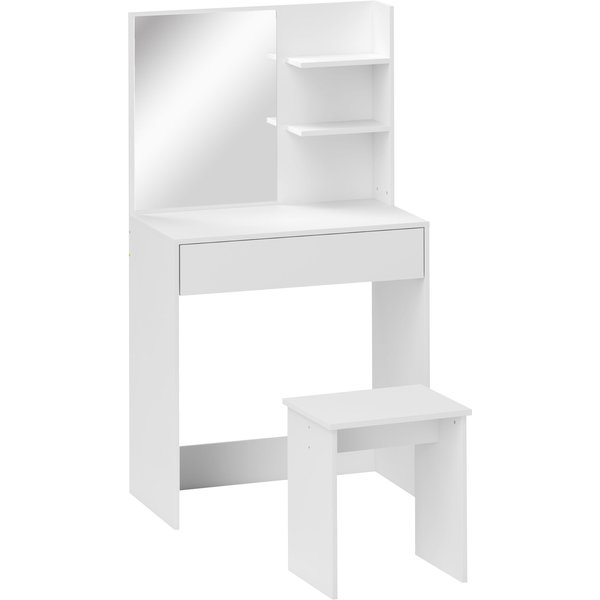 HOMCOM Schminktisch mit 3 Regalen und Schubladen mit Spiegel und passendem Hocker, Schminktisch aus Spanplatte, 75x40x137 cm, Weiß Aosom