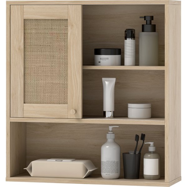 HOMCOM Wandhängeschrank, Badezimmerschrank mit Rattantür und offenen Regalen, böhmischer Badezimmerschrank, Wandhängemöbel, 60 x 20 x 65 cm, Naturholz Aosom