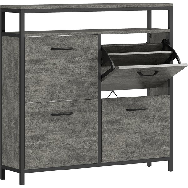 HOMCOM Shoe Storage Cabinet with 4 Flip Drawers and Open Shelf - Cement Grey | Aosom Ireland