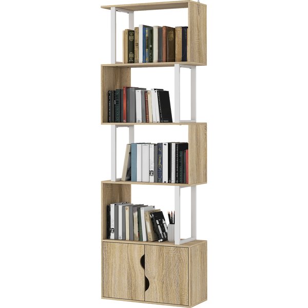 HOMCOM Bücherregal mit 5 Ebenen, S-förmiges Aufbewahrungsregal mit Regalen und doppelter Schranktür, Aufbewahrungsregal für Wohnzimmer, Schlafzimmer, Büro, 60 x 23,835 x 179,2 cm, Naturholzoptik Aosom