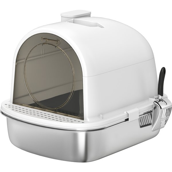 Pawhut Maison De Toilette Pour Chat Bac à LitièRe Fermé Bac Acier Inoxydable, Nettoyage Facile, 52,4 X 41,3 X 39,9 Cm, Blanc-image