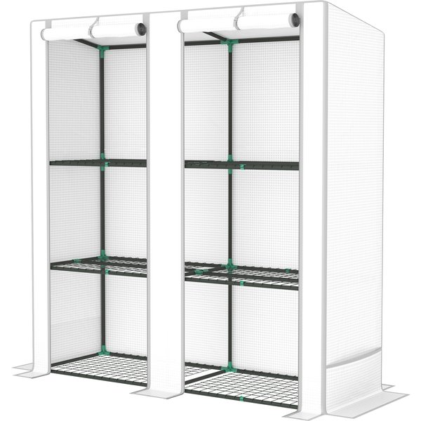 Outsunny Gewächshaus für den Außenbereich mit geneigtem Dach Kleines Gewächshaus mit 3 Regalen 2 Aufrollbaren Türen PE-Abdeckung und Stahlrahmen für Anbau Pflanzen Blumen 144x48x152 cm Weiß Aosom