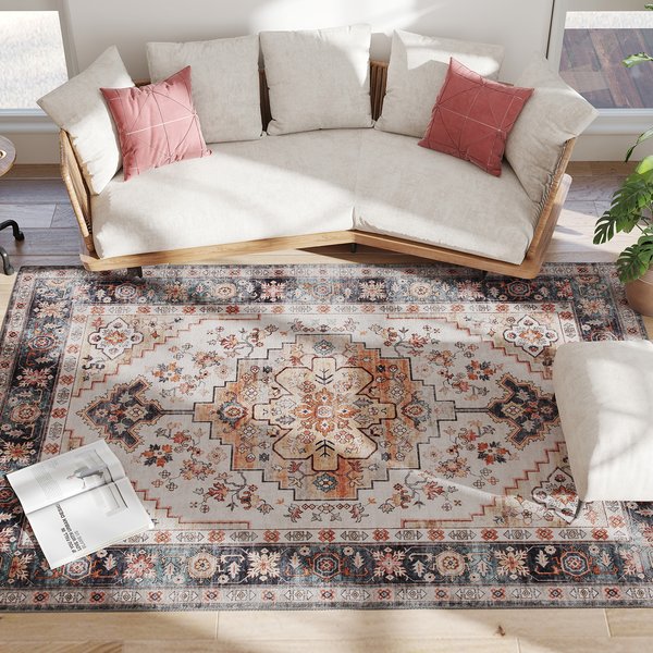 HOMCOM Bohemianischer Rutschfester und Waschbarer Teppich für Wohnzimmer und Schlafzimmer mit Kurzflor, 230x160 cm, Braun Aosom