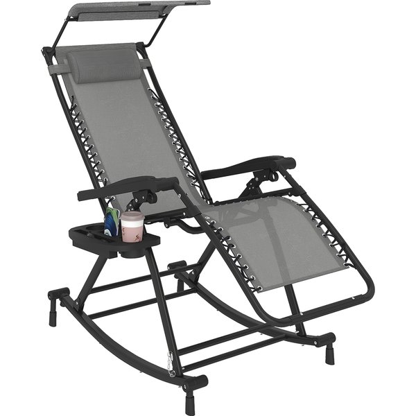Outsunny Garden Rocking Chair Folding Recliner Outdoor Adjustable Sun Lounger Rocker Zero-Gravity Seat w/ Headrest Side Holder, Grey Aosom UK