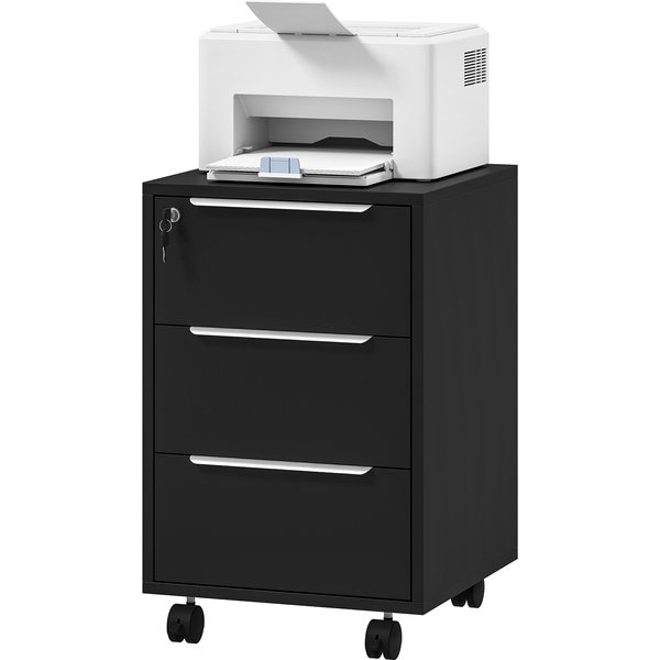 HOMCOM Bürocontainer mit 3 Schubladen und Schloss, Rollcontainer für Dokumente und Drucker, kompakter Aufbewahrungscontainer für Arbeit oder Schlafzimmer, 40x40x63,5cm, Schwarz Aosom