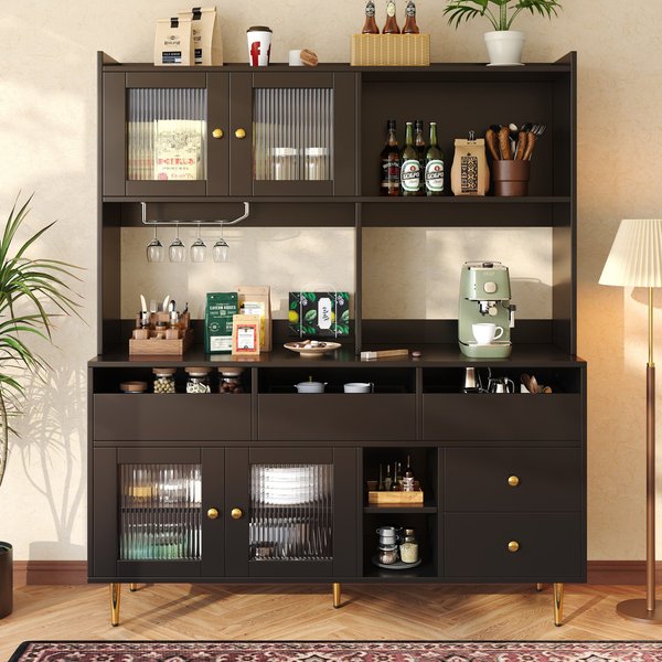 Multi-Layered Storage Cabinet with Glass Doors, Wine Glass Holder, Versatile Storage Unit with Raised Design, 145L x 39W x 171H cm, Black Aosom UK
