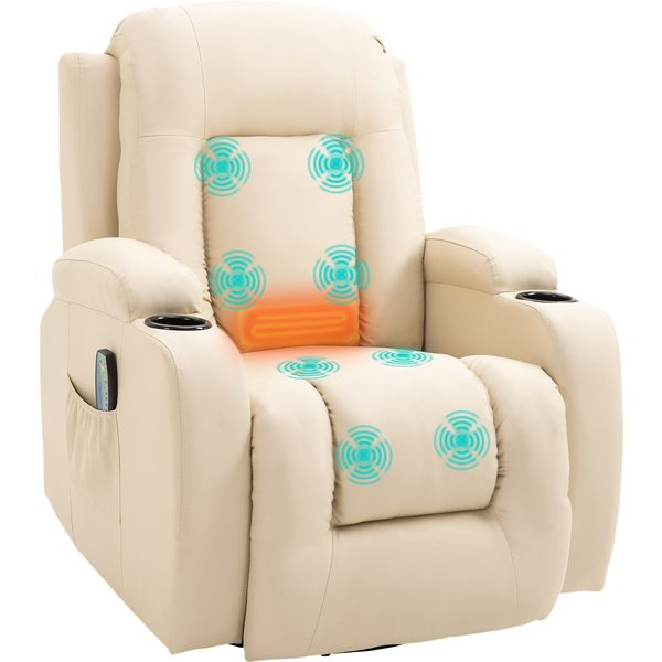 Homcom Fauteuil Relax Et Massant Chauffant - Pivotant 360°, Inclinable, Repose-Pied, TéLéCommande, ÉLectrique, Blanc CrèMe Aosom France-image
