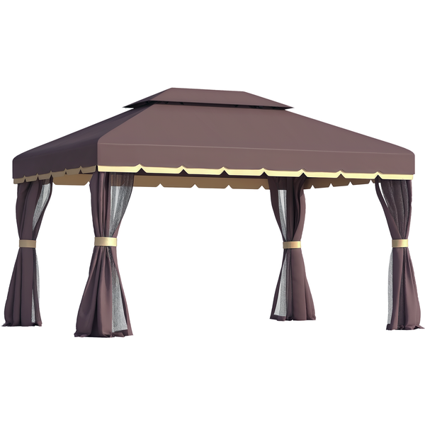 Outsunny Tonnelle Barnum Pavillon De Jardin Style Colonial Double Toit Toile Moustiquaires Et Toiles Amovibles 3,9L X 2,9L X 2,8H M Chocolat-image
