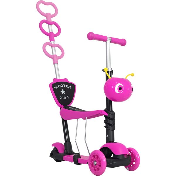 Homcom Trottinette Pour Enfants Trottinette 3 Roues éVolutive 3 En 1 Hauteur Guidon RéGlable Canne Telescopique Selle Dossier Amovible Rose-image