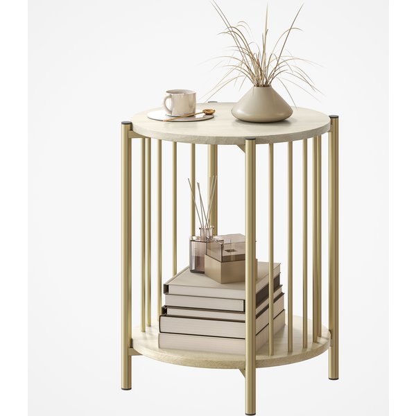 HOMCOM Runder Beistelltisch mit 2 Ebenen, moderner Beistelltisch mit Stauraumregal und Stahlrahmen für Wohnzimmer Schlafzimmer Ø41x49 cm Natur Aosom