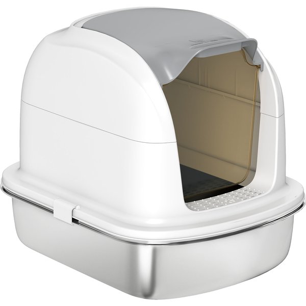 PawHut Katzentoilette aus Edelstahl XL, Katzentoilette für große Katzen, Toilette mit klappbarem Deckel, hohe Seiten, obere Eingang, Schaufel, geruchlos, leicht zu reinigen, auslaufsicher, Weiß Aosom