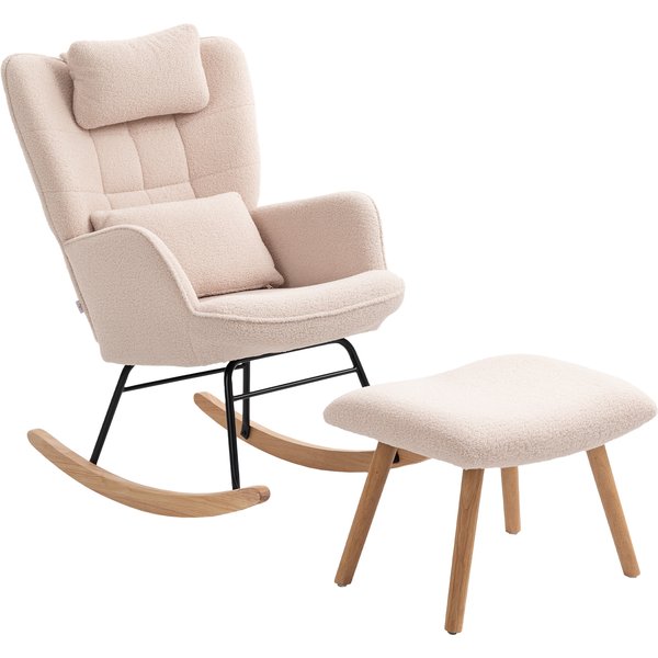Homcom Fauteuil à Bascule Avec Repose-Pieds, RevêTement En Peluche Douce, Pieds En Bois, Coussin, Dossier Haut, Fauteuil à Bascule, Beige-image
