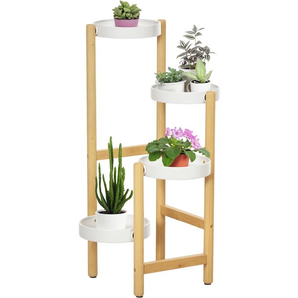 Outsunny ÉTagèRe Plantes Bambou Et MéTal 4 Niveaux Blanc 28X28X80Cm Aosom France-image
