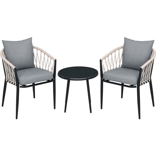 Outsunny Salon De Jardin 2 Personnes 3 PièCes 2 Fauteuils Avec Coussins Table Basse Ronde Plateau Verre Trempé Corde TresséE Gris Aosom France-image