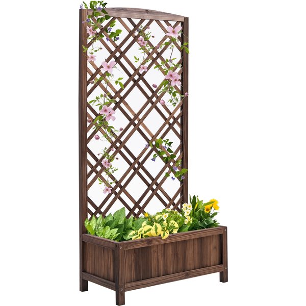 Outsunny JardinièRe Avec Treillis - Bac à Fleurs - JardinièRe Sur Pied - Dim. 60L X 30L X 122,5H Cm Bois Sapin Carbonisé-image
