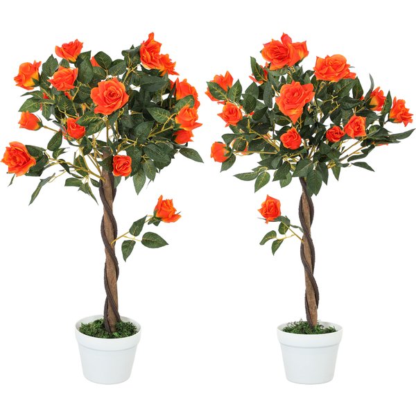 Outsunny Plante Artificielle De CaméLia De 21 Fleurs Avec Pot Rempli De Ciment Et Mousse, Ø18X90 Cm, Orange-image