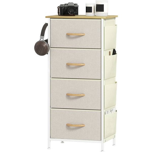 HOMCOM Schubladenschrank aus Stoff mit 4 faltbaren Schubladen, 4 Taschen und 2 Haken, Schlafzimmer Schubladenschrank aus Stahl und Stoff, 45x30x94,5 cm, Beige Aosom