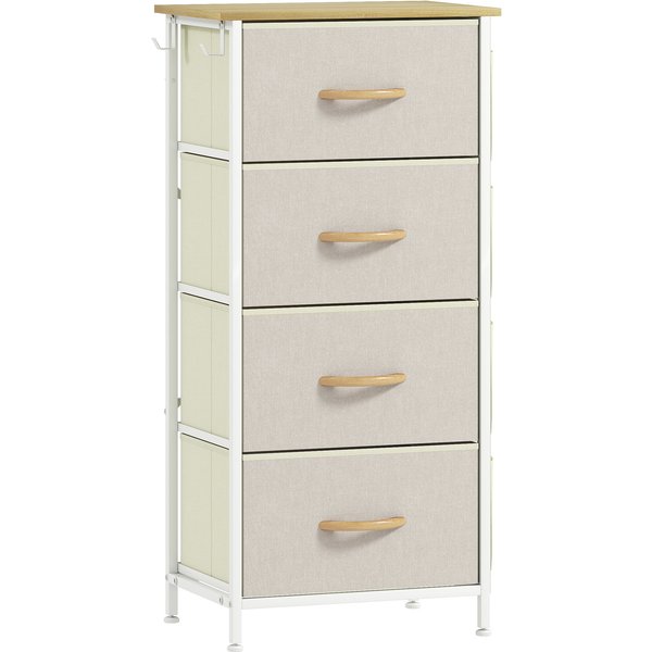 Homcom Commode 4 Tiroirs En Tissu, Meuble De Rangement Avec 4 Poches, 2 Crochets, Structure En Acier, 45 X 30 X 94,5 Cm, Beige-image