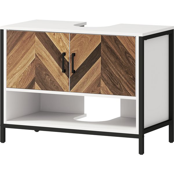 Homcom Meuble Sous Lavabo Avec 2 Portes Et Compartiment Ouvert Pour Lavabo Avec Ou Sans PiéDestal 80X40X60 Cm CrèMe Et Noyer-image
