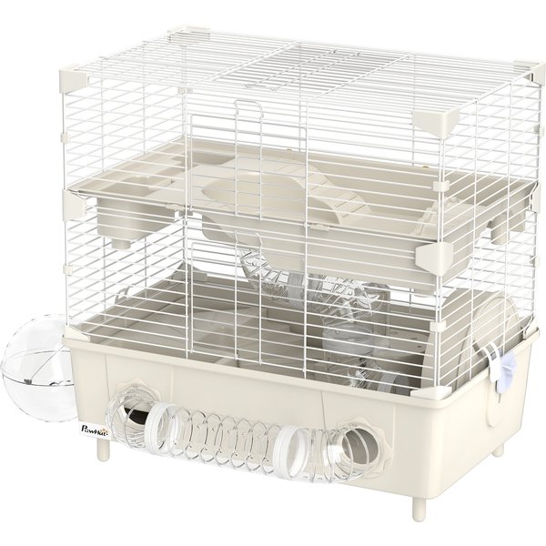 Pawhut Cage à Hamster à 2 Niveaux Et 3 Portes Avec Roue Et Tubes, En Acier, Ps Et Pp, 44,5X28X44 Cm, CrèMe Et Blanc-image