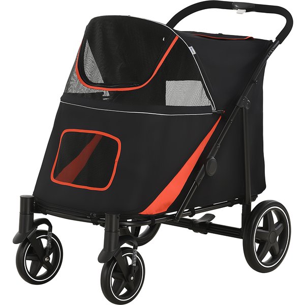 PawHut Poussette Pour Chiens Pliable Avec Ouvertures à Fermeture à GlissièRe Et FenêTres En Filet, 112X65X100 Cm, Rouge Et Noir-image