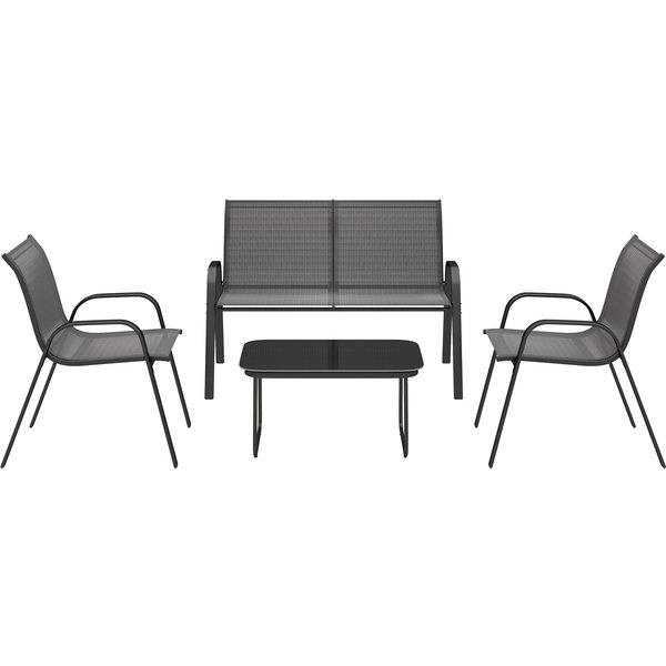 Ensemble De Jardin Outsunny Avec Canapé 2 Places, 2 Fauteuils Empilables Et Table Basse En Verre, Noir-image