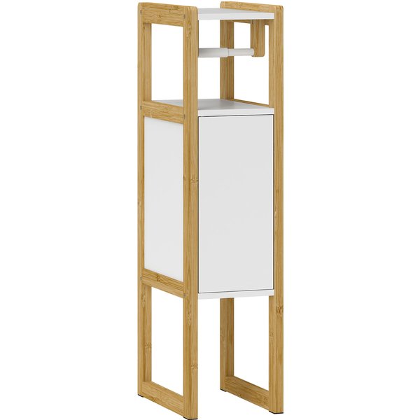 Homcom Meuble De Salle De Bain Gain De Place Avec Porte-Papier Toilette, Placard Et ÉTagèRe En Bambou, 20X33X80Cm, Blanc-image