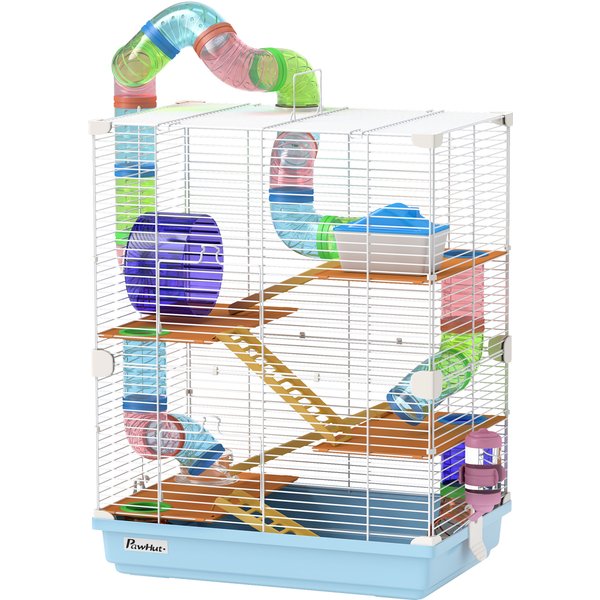 Pawhut Cage Pour Hamsters à 5 Niveaux Avec Tubes, Roue, ÉChelles, Maisonnette Et Bouteille, En MéTal, Pp Et Ps, 46X30X58 Cm-image