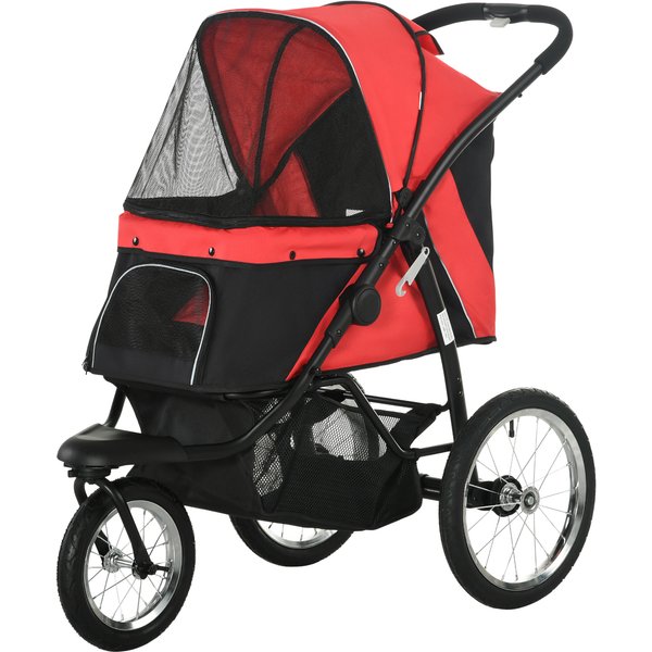 Pawhut Poussette Pour Chiens, Pliable, Protection Solaire, FenêTre En Filet, Panier De Rangement, Rouge, 111 X 58 X 107 Cm-image