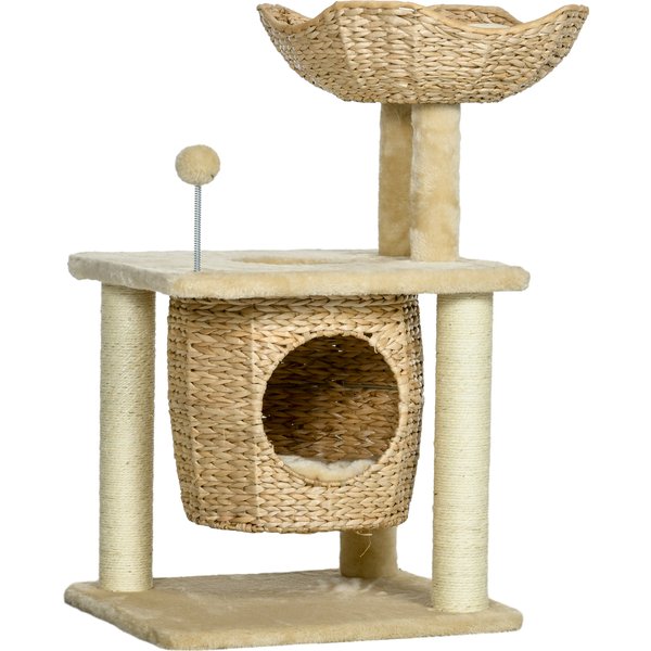 Pawhut Arbre à Chat Beige Avec Niche, Griffoir En Sisal, Panier Et Pompon, Jacinthe D'eau En Peluche - 45X40X74 Cm Aosom France-image
