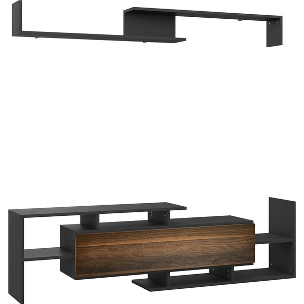 Homcom Meuble Tv Avec ÉTagèRe Murale, ÉTagèRes Ouvertes Et Armoire En Bois, Noir Et Marron-image