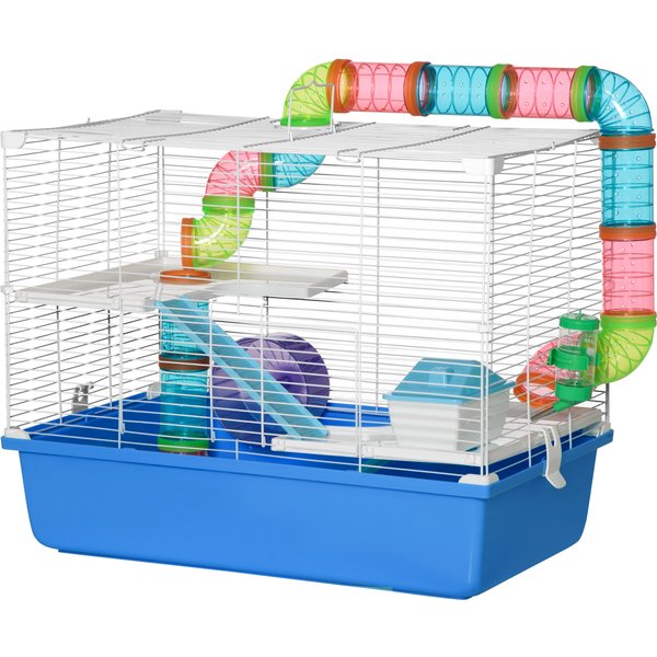 Pawhut Cage Pour Hamster à 3 Niveaux Avec Tunnel, Maisonnette Et Roue Pour Hamsters, 59X36X47Cm, Bleu Et Blanc-image