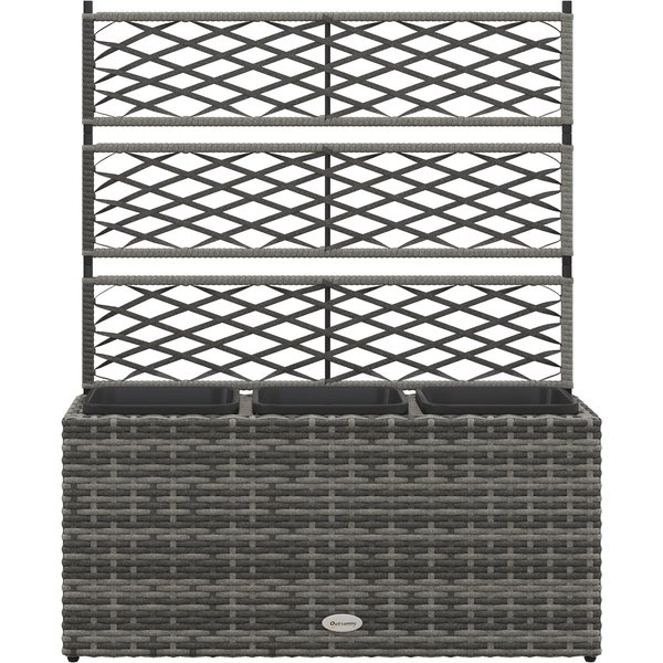 Outsunny JardinièRe Avec Treillis Pour Plantes Grimpantes Avec 3 Pots En Acier Et Rotin Pe, 84X30X107Cm, Gris-image