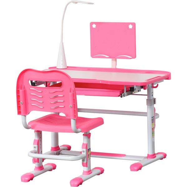 Homcom Ensemble Bureau Pour Enfants 6-12 Ans Avec Chaise RéGlable En Hauteur, Tiroir, LumièRe Et Plateau Inclinable, Rose-image