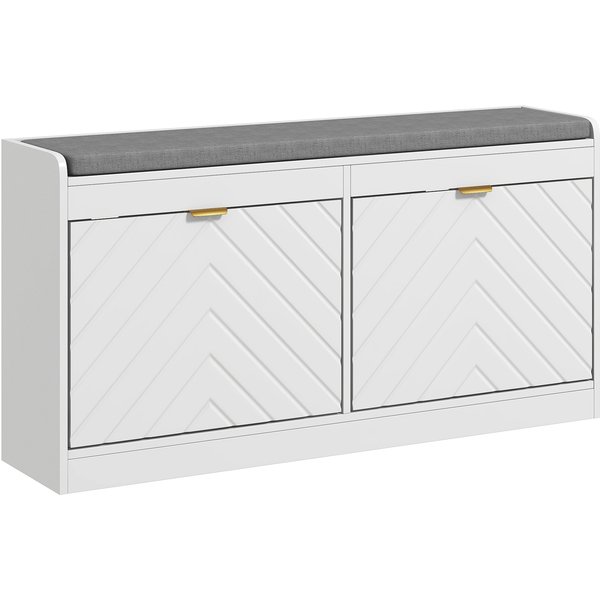 Homcom Banc à Chaussures, Banc De Rangement, Assise RembourréE, Tiroir Rabattable, Porte Avec Motif 106 X 24 X 52,5 Cm, Blanc-image
