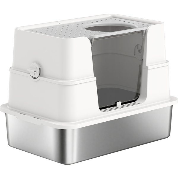 Pawhut LitièRe Pour Chat En Acier Inoxydable Xl Avec Couvercle Relevable EntréEs Hautes Pelle Facile à Nettoyer Anti-Fuites Gris Clair-image