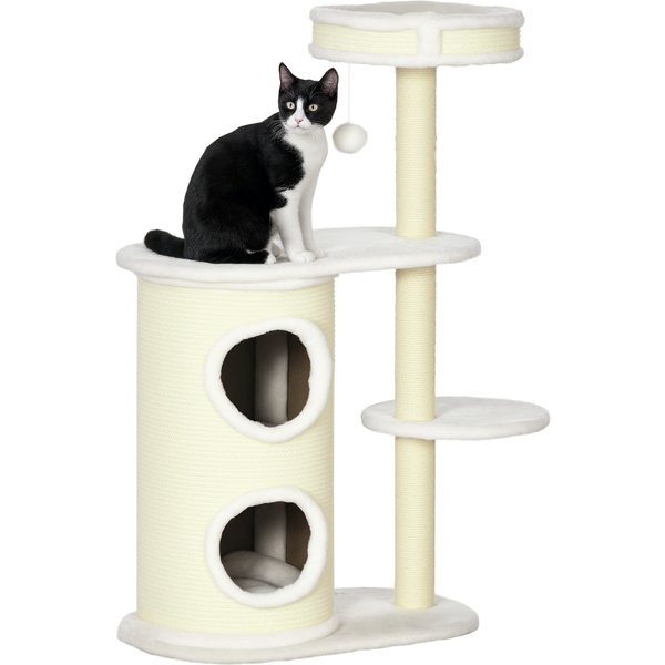 Pawhut Arbre à Chat 2 Griffoirs Sisal Naturel Niche Cylindrique 2 Plateformes Pompon Suspendu Peluche Blanc CrèMe-image