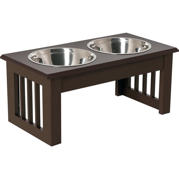 Pawhut Gamelle SuréLevéE Double En Bois Chocolat Avec 2 Bols Inox 0,9L Pour Chiens/Chats Aosom France-image